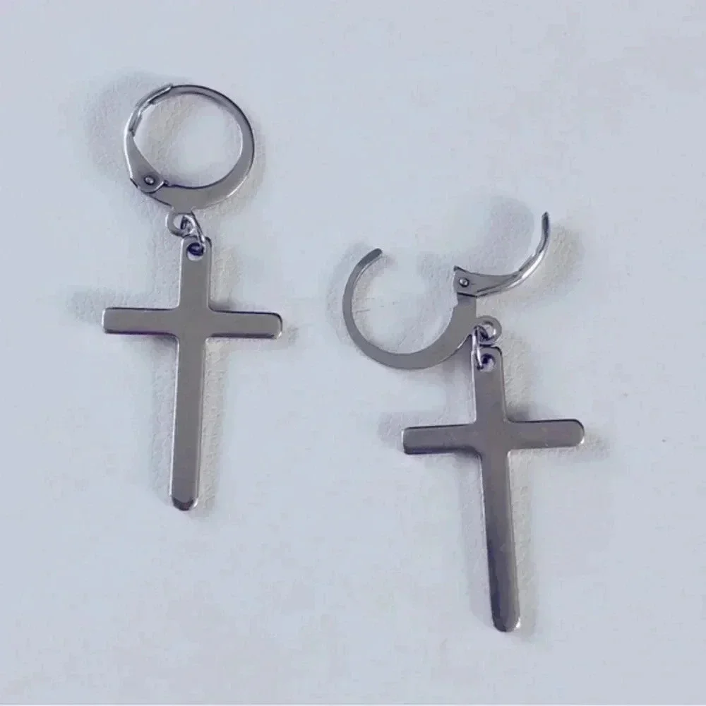 Silver Christian Cross on Hoop Stainless Steel Earrings NWT